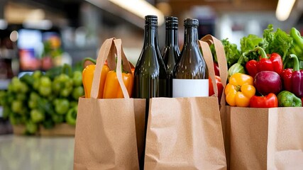 Fresh produce and bottles arranged in paper bags at a vibrant grocery store setting