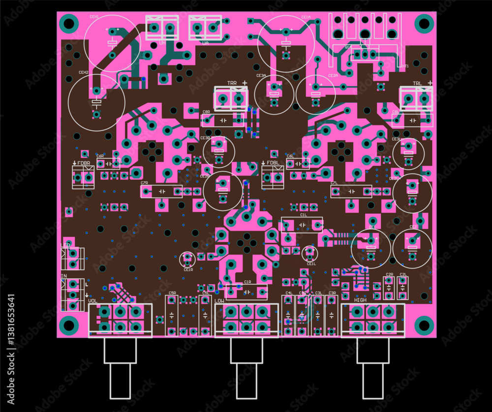 Poster vector printed circuit board of electronic device with components of radio elements, conductors and 