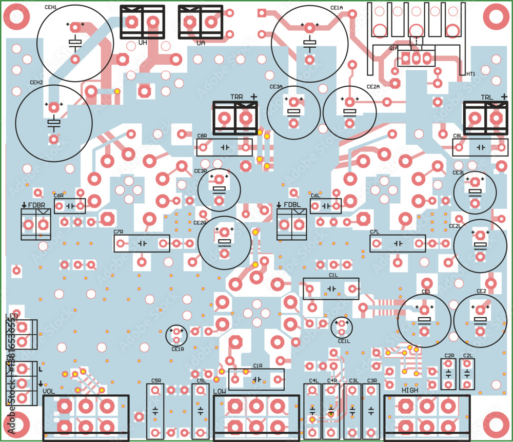 Poster vector printed circuit board of electronic device with components of radio elements, conductors and 