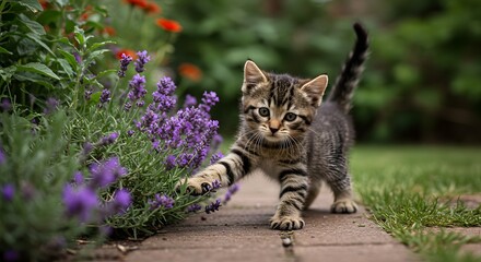 Naklejka premium Kitten Pawing at Lavender Flowers in Garden Adorable Pet Portrait