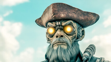 Naklejka premium Gruff futuristic cyborg pirate wearing tricorn hat and goggles under cloudy sky