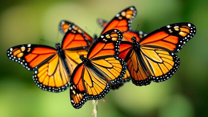 Fototapeta premium A cluster of vibrant orange and black butterflies congregates, their delicate wings creating a mesmerizing display against a soft green backdrop
