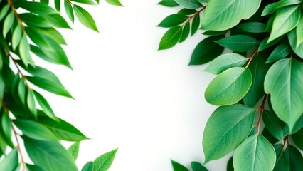 A minimalistic composition featuring vibrant green leaves that frame a bright white space, perfect for adding a natural touch to designs.