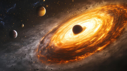 Cosmic marvel: witness the breathtaking spectacle of a black hole devouring everything in its gravitational grasp amidst the enigmatic backdrop of distant planets. Dark Singularity. Illustration