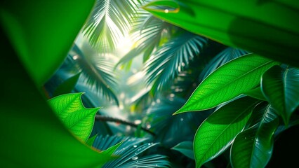 Lush green foliage creates a vibrant jungle scene, filled with light and shadow. A glimpse into a tropical paradise with nature's beauty.