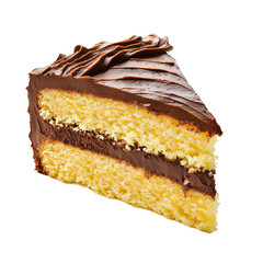 freshly baked yellow cake slice with chocolate frosting


