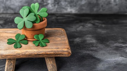 Green Shamrock Plants Sit on a Wooden Stool Beautifully Arranged