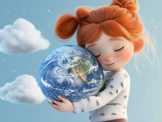 Naklejka premium Happy Earth Day poster. 3D cartoon, happy redhead girl wearing a white sweater hugging the Earth globe. World Environment Day. Energy saving. International Day of Climate.