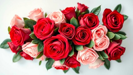 Elegant bouquet showcasing vibrant red and delicate pink roses amidst lush green leaves, perfect for adding a touch of romance to any occasion.