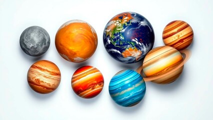 A colorful arrangement of planets is displayed against a solid white backdrop, perfect for educational materials or space-themed projects.