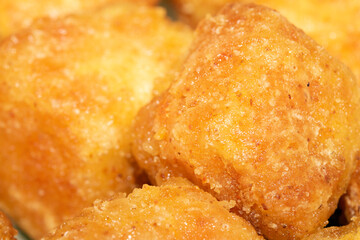 Close up of Square Cooked Crispy Fried Battered Tofu Soy