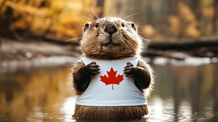 Beaver in a white T-shirt with a red maple leaf, symbol of Canada Day. Patriotic banner