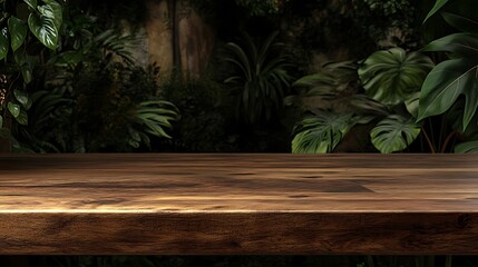 A detailed wooden table with lush green foliage behind it