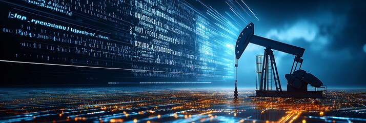 Oil pump jack in futuristic digital landscape symbolizing data-driven energy industry efficiency, industrial technology analytics for investment, innovation and industry trends