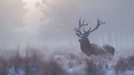 Obraz premium red deer stag winter snowfall