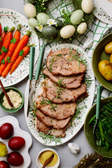 Easter baked pork, carrots, green beans and boiled potatoes.top veiw