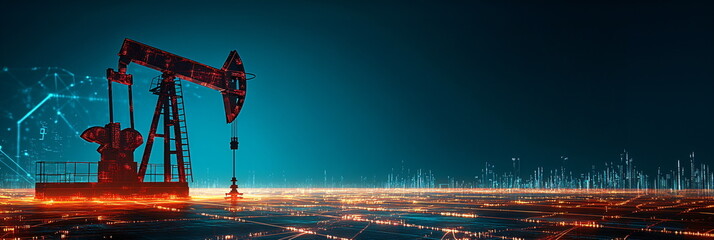 Oil pump jack in futuristic digital landscape symbolizing data-driven energy industry efficiency, industrial technology analytics for investment, innovation and industry trends