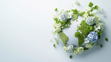 Happy Earth Day poster. A realistic planet Earth with white flowers on it, isolated on a white background, in a top-view composition, conveying a concept for World Environment Day. Energy saving.