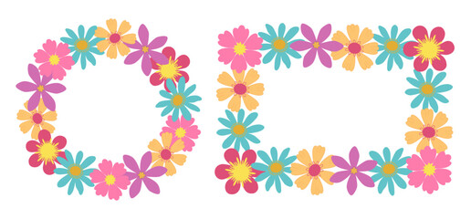 Set of flower frames for text. Round and rectangular wreath. Border colorful cute flowers hand drawn. Great for posters, cards, promotions, banners, greetings, print, birthday, invitations.