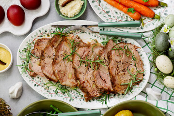 Easter baked pork, carrots, green beans and boiled potatoes.top veiw