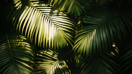 Sunlit palm leaves creating a beautiful interplay of shadows and textures, tropical paradise vibes generative ai