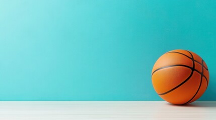 Fototapeta premium An official basketball rests on a smooth surface against a vibrant turquoise background, highlighting its detailed texture and vibrant color.