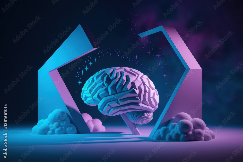 Poster abstract representation of a brain surrounded by ethereal clouds and geometric shapes in vibrant blu