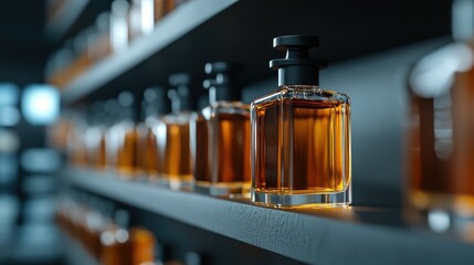 Close-up of amber-colored perfume bottles elegantly arranged on a dark shelf, showcasing luxury and a sophisticated aesthetic in fragrance selection and display.