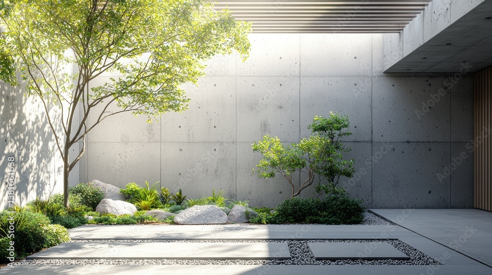 Poster a harmonious blend of nature and architecture unfolds as sunlight cascades over a minimalist courtya