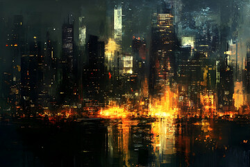Obraz premium A dark painted cityscape reflecting lights on a tranquil water surface