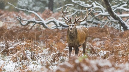 Fototapeta premium red deer stag winter snowfall