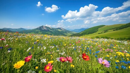 Idyllic mountain meadow bursting with wildflowers under a bright blue sky