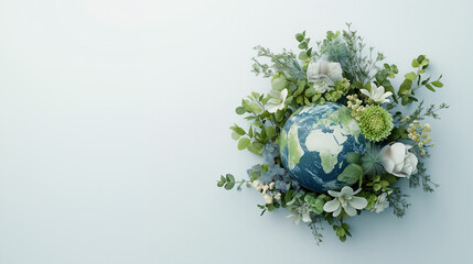 Happy Earth Day poster. A realistic planet Earth with white flowers on it, isolated on a white background, in a top-view composition, conveying a concept for World Environment Day. Energy saving.