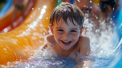 Close-up of a happy boy sliding down a water slide at a summer park. Horizontal banner for social media posts. School holidays. 