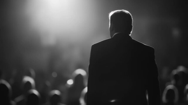 Call to Action The politician their jaw set with resolve points outward as if inviting the crowd to join in a common cause with the blurred figures of supporters caught in midcheer