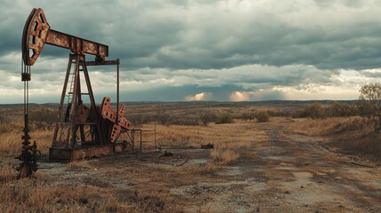 An abandoned oil pump jack towers in a dry, expansive field with dried grasses, under a dramatic cloudy sky during the evening hours, highlighting nature's reclaiming efforts
