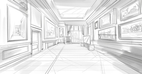 3D simple storyboard sketch of a gallery , line drawing, black and white