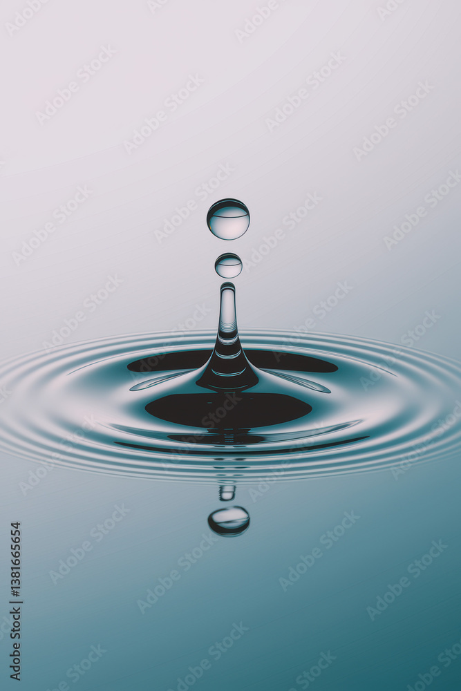 Poster elegant water drop creating ripples in serene blue tones with soft reflections