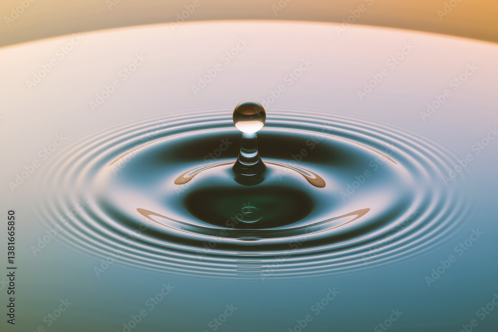 Poster elegant water drop creating ripples on a calm surface with soft pastel background