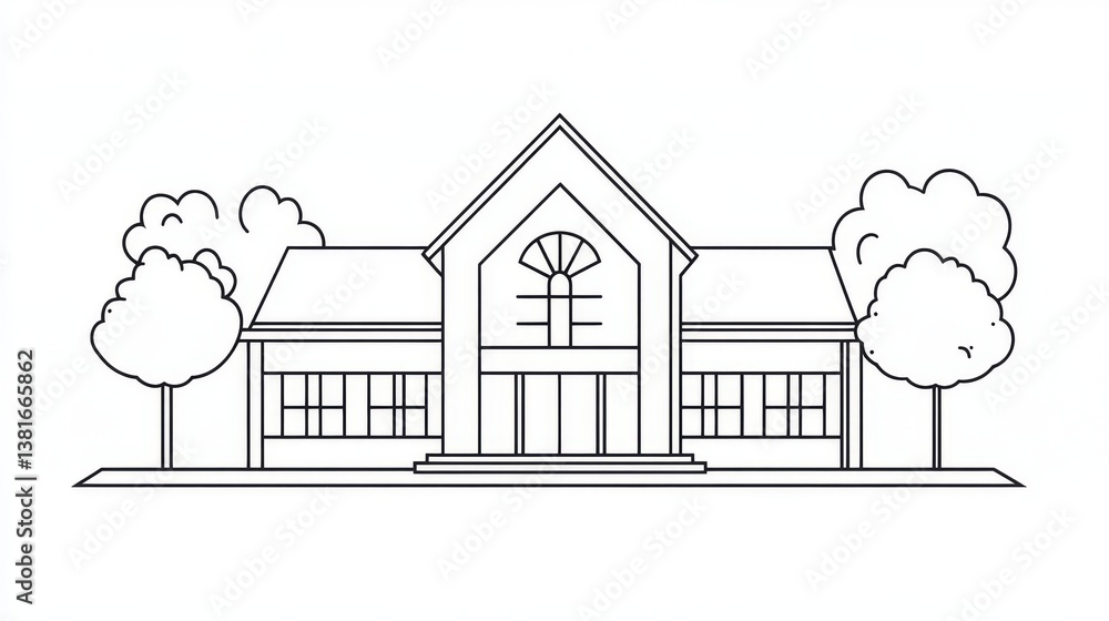 Poster continuous one line drawing school building. building and office concept. single line draw design ve