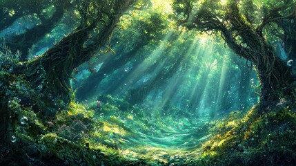 Obraz premium Sunlight streams through a dense canopy of trees in a tranquil forest, illuminating vibrant greenery and creating a peaceful environment filled with natural beauty