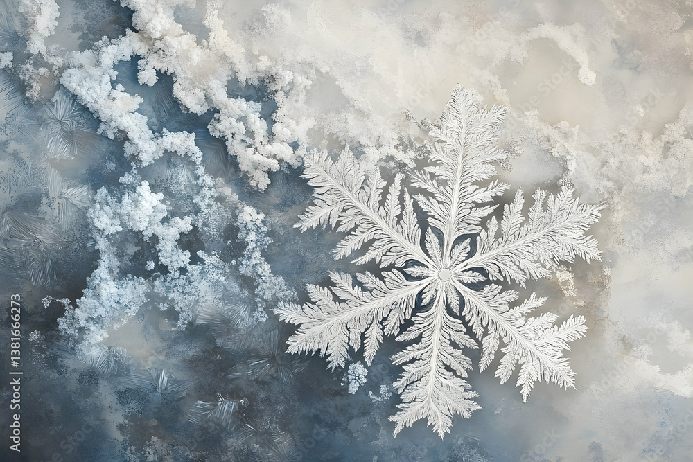 Poster a beautiful detailed image showing a large snowflake formation design