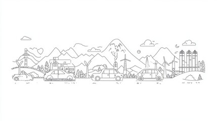 Single one line drawing energy and ecology concept set. Electric car, Water energy and coal energy. Continuous line draw design graphic vector illustration.