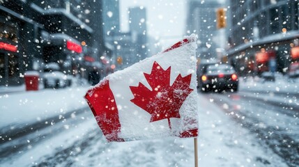 A Canadian flag stands proudly covered in snowflakes, amidst a snowy urban landscape, symbolizing resilience and patriotism during the harsh winter season.