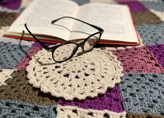 Crocheted doily book and glasses on crocheted blanket