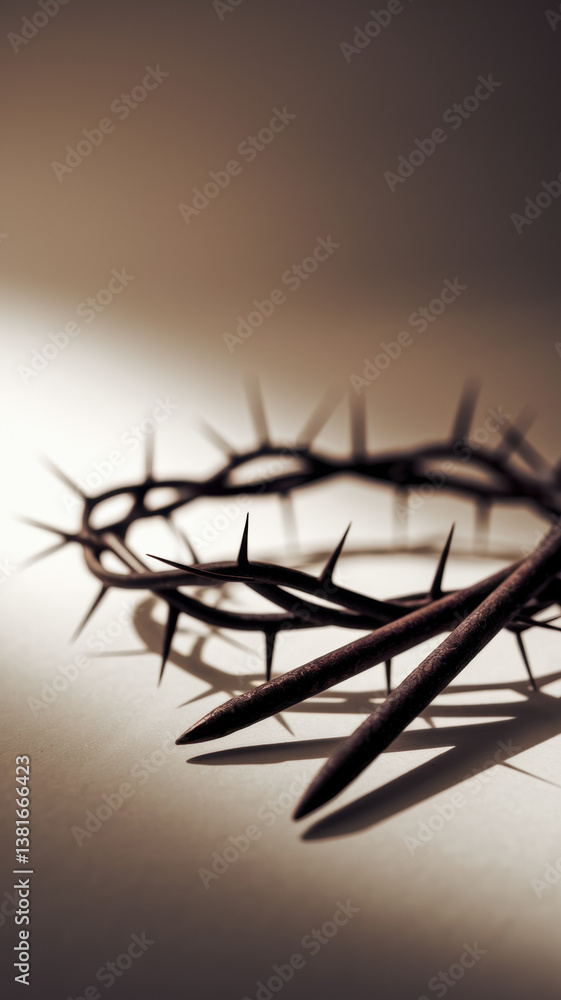 Poster dramatic close-up of thorns casting shadows in soft light for reflection and contemplation