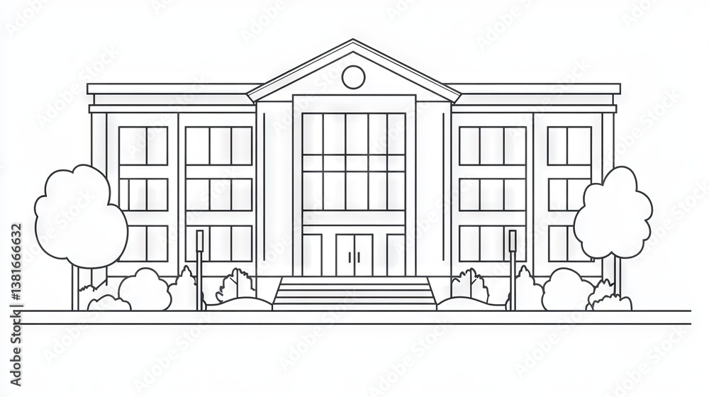 Poster continuous one line drawing school building. building and office concept. single line draw design ve