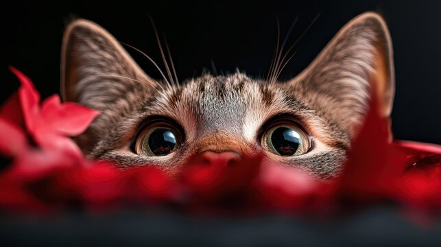 A curious cat peeking through vibrant red petals against a dark background creates a striking visual contrast that reflects both beauty and intrigue in nature’s essence.