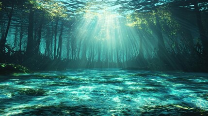 Rays of sunlight penetrate the water's surface, illuminating an underwater forest with vibrant aquatic plants and a tranquil ambiance during midday