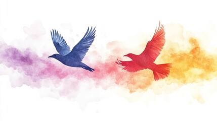 Silhouettes of birds flying with watercolor texture, 
